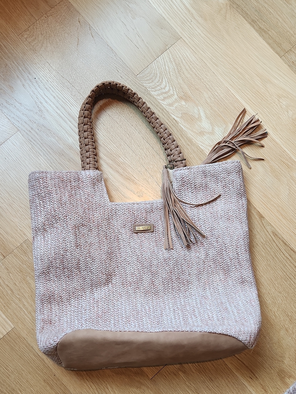 Blush Pink Woven Tote with Braided Handles and Tassel Accent